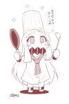  1girl chef_hat chef_uniform commentary frying_pan hat kantai_collection ladle long_hair mittens monochrome northern_ocean_hime scarf sidelocks sketch sparkle translated very_long_hair white_background wrist_cuffs yamato_nadeshiko 