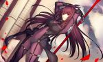  1girl bad_id bodysuit breasts fate/grand_order fate_(series) highres kauto large_breasts long_hair petals polearm purple_hair red_eyes scathach_(fate/grand_order) solo spear weapon 