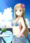  1girl bangs bikini blonde_hair blue_bikini blue_eyes blue_sky blurry blush body_blush breasts cleavage clouds cowboy_shot depth_of_field drink drinking_straw eyebrows eyebrows_visible_through_hair flower food from_side fruit hair_flower hair_ornament hand_on_hip k-on! kotobuki_tsumugi long_hair looking_at_viewer medium_breasts navel ocean orange orange_slice sarong sidelocks sky solo standing swimsuit table tateshina thick_eyebrows 