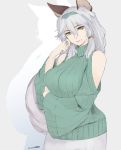  1girl alternate_costume animal_ears bare_shoulders breast_hold breasts cat_ears detached_sleeves granblue_fantasy green_sweater grey_background hair_between_eyes hair_tousle hairband heles large_breasts light_smile long_hair masato_(mirai_koubou) ribbed_sweater silver_hair skirt skirt_set sweater turtleneck upper_body very_long_hair wide_sleeves yellow_eyes 
