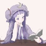  1girl bangs blunt_bangs book chin_rest colored_eyelashes crescent english hat holding holding_book long_hair mob_cap motsuni_(artist) open_book patchouli_knowledge purple purple_hair purple_hat reading solo striped touhou vertical_stripes violet_eyes wide_sleeves 