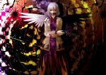  1girl belt bow bowtie covered_mouth crack dress gears jacket kishin_sagume long_sleeves open_clothes open_jacket purple_dress red_eyes silver_hair single_wing solo touhou wakashinoda_kei wings 