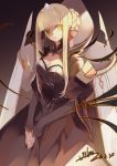  1girl black_dress blonde_hair breasts cleavage closed_mouth dress expressionless green_eyes hair_ribbon hair_up head_tilt heterochromia juliet_sleeves long_sleeves original own_hands_together puffy_sleeves red_ribbon ribbon sidelocks sleeves_past_wrists solo vilor yellow_eyes 
