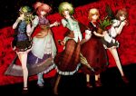  5girls ascot bespectacled black_hair black_wings blonde_hair blue_eyes copyright_name flower glasses green_eyes green_hair hair_bobbles hair_ornament hat kazami_yuuka lily_of_the_valley long_sleeves medicine_melancholy multiple_girls onozuka_komachi parasol phantasmagoria_of_flower_view plaid plaid_skirt plaid_vest red_eyes redhead ribbon rod_of_remorse scythe shameimaru_aya shiki_eiki shirt short_hair short_sleeves skirt skirt_set sunflower tokin_hat touhou twintails umbrella vest wakashinoda_kei wings 