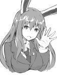  1girl animal_ears bangs blazer breasts collared_shirt crescent greyscale hand_up ishimu jacket long_hair long_sleeves looking_at_viewer monochrome moon necktie open_mouth rabbit_ears reisen_udongein_inaba shirt simple_background sketch solo touhou upper_body waving wing_collar 