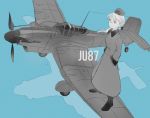  1girl aircraft airplane boots coat commentary_request garrison_cap hanna_rudel hat junkers_ju_87 limited_palette military military_uniform military_vehicle nose_scar ponytail ribbon scar shiraba_(sonomama_futene) solo standing_on_object strike_witches trench_coat uniform world_war_ii 