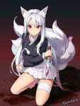  animal_ears bandaged_leg bandages barefoot black_jacket blood_on_fingers choker fox_ears fox_tail hair_between_eyes jacket kinchee kneeling knife korean_clothes long_hair long_sleeves looking_at_viewer multiple_tails original pleated_skirt red_eyes skirt tail twitter_username very_long_hair white_hair 