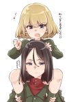  2girls angry bangs black_hair black_legwear black_skirt blonde_hair blue_eyes carrying fang flying_sweatdrops girls_und_panzer green_jacket jacket katyusha long_hair long_sleeves looking_at_viewer miniskirt multiple_girls nonna open_mouth pleated_skirt red_shirt school_uniform serious shirt short_hair shoulder_carry skirt socks sweatdrop swept_bangs thomasz translated turtleneck white_background 