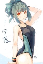  1girl alternate_costume arm_up armpits bare_arms bare_shoulders breasts commentary_request competition_swimsuit from_side green_hair hand_in_hair kantai_collection looking_at_viewer meth_(emethmeth) one-piece_swimsuit orange_eyes ponytail simple_background swimsuit white_background yuubari_(kantai_collection) 