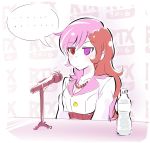  ... 1girl 2016 blush bottle breasts brown_eyes cleavage expressionless heterochromia highres iesupa jewelry jitome long_hair microphone microphone_stand multicolored_hair necklace neo_(rwby) roosterteeth rwby sitting solo spoken_ellipsis two-tone_hair upper_body violet_eyes water_bottle 