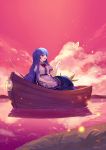  1girl ainy77 blue_hair boat butterfly clouds hat hat_removed headwear_removed highres hinanawi_tenshi lake long_hair long_skirt nature open_mouth puffy_sleeves red_eyes scenery short_sleeves sitting skirt sky smile solo touhou watercraft 