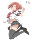  1girl ;d black_legwear black_skirt hair_ornament highres looking_at_viewer michairu midriff navel nogi_wakaba_wa_yuusha_de_aru one_eye_closed open_mouth red_eyes redhead school_uniform short_hair short_sleeves simple_background skirt smile solo takashima_yuuna thigh-highs white_background yuusha_de_aru zettai_ryouiki 