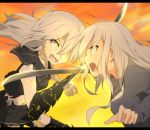  2girls black_serafuku character_request fang fighting glowing glowing_eye holding holding_sword holding_weapon kantai_collection kikuzuki_(kantai_collection) letterboxed long_hair looking_at_another multiple_girls open_mouth school_uniform serafuku sunset sword sword_fight teeth umitaka_(takami1106) weapon white_hair yellow_eyes 