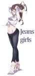  1girl arms_up brown_hair denim english front-tie_top gokuu_(acoloredpencil) high_heels highres jeans long_hair midriff navel original pants ponytail shirt tied_shirt 