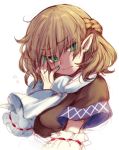  1girl arm_warmers blonde_hair braid colored earrings face flying_sweatdrops green_eyes hand_on_own_face iroyopon jewelry looking_to_the_side mizuhashi_parsee nail_polish pointy_ears portrait scarf short_hair short_sleeves simple_background sketch solo touhou white_background 