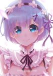  1girl 2016 ailejne blue_eyes blue_hair breasts cleavage hair_ornament hair_ribbon looking_at_viewer maid purple_ribbon re:zero_kara_hajimeru_isekai_seikatsu rem_(re:zero) ribbon ribbon-trimmed_collar ribbon_trim short_hair smile solo upper_body watermark 