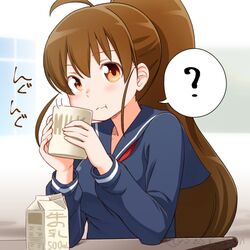  1girl ? ahoge blush brown_eyes brown_hair cup drinking holding holding_cup long_hair long_sleeves looking_at_viewer lowres milk milk_carton mug ponytail school_uniform solo speech_bubble spoken_question_mark suzushiro_nazuna taneshima_popura working!! 