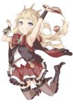  1girl arm_warmers armpits arms_up bangs black_boots black_legwear blonde_hair blush book boots bow cagliostro_(granblue_fantasy) cape ebifurya eyebrows eyebrows_visible_through_hair fang full_body granblue_fantasy hairband highres holding holding_book jewelry knee_boots legs_up long_hair looking_at_viewer pendant red_bow red_skirt simple_background skirt sleeveless smirk solo star teeth thigh-highs v vial violet_eyes white_background 