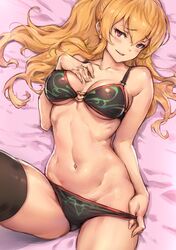  bare_shoulders bikini blonde_hair gou_(ga673899) granblue_fantasy navel ponytail red_eyes swimsuit thigh-highs vira 