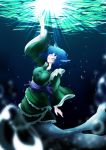  0-den 1girl absurdres arm_up blue_eyes blue_hair blurry breasts bubble commentary_request depth_of_field drill_hair fish_tail head_fins highres japanese_clothes kimono long_sleeves medium_breasts mermaid monster_girl obi parted_lips reaching sash solo sunlight touhou underwater wakasagihime wide_sleeves 