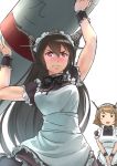  2girls alternate_costume apron black_dress black_hair blush blush_stickers dress embarrassed enmaided flipped_hair headgear highres jitome kantai_collection lifting light_brown_hair long_hair looking_at_another looking_at_viewer maid maid_apron maid_headdress multiple_girls mutsu_(kantai_collection) nagato_(kantai_collection) open_mouth red_eyes short_hair short_sleeves simple_background sketch torpedo ttc type_91_armor-piercing_shell upper_body v_arms white_background wrist_cuffs 