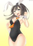  1girl akizuki_(kantai_collection) alternate_costume alternate_headwear animal_ears armpits bare_shoulders black_hair blue_eyes breasts bunny_girl bunnysuit commentary_request covered_navel covering detached_collar eyebrows kankitsunabe_(citrus) kantai_collection leotard long_hair looking_at_viewer open_mouth ponytail rabbit_ears solo twitter_username wrist_cuffs 
