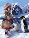  1girl bird blue_eyes blush boots capelet coat highres mittens mountain original penguin redhead short_hair snow solo water 