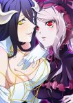  albedo artist_request bare_shoulders black_hair breasts cleavage demon_girl dress gloves horns large_breasts lips long_hair open_mouth overlord_(maruyama) red_eyes shalltear_bloodfallen silver_hair vampire white_gloves yellow_eyes 