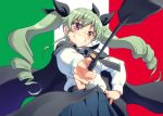  1girl anchovy brown_eyes cape drill_hair girls_und_panzer green_hair grin hand_on_hip italian_flag looking_at_viewer pairan pleated_skirt pointing pointing_at_viewer riding_crop school_uniform skirt smile tagme twin_drills 