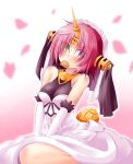 1girl bare_shoulders berserker_of_black blue_eyes blush breasts cherry_blossoms cookie dress elbow_gloves falling_petals fate/grand_order fate_(series) food food_in_mouth gloves green_eyes hair_ornament halterneck headdress heart heterochromia horn ichimi looking_at_viewer mouth_hold pink_hair short_hair solo white_dress white_gloves 