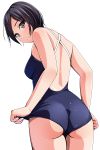  1girl ass bare_back black_eyes black_hair blush breasts competition_school_swimsuit highres looking_back matsunaga_kouyou one-piece_swimsuit original school_swimsuit short_hair simple_background solo swimsuit 
