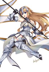  1girl :o armor armored_boots armored_dress blonde_hair blue_eyes boots breasts fate/grand_order fate_(series) faulds flag flagpole forehead_protector gauntlets headpiece kurokage large_breasts long_hair ruler_(fate/apocrypha) ruler_(fate/grand_order) sheath sheathed signature solo sword thigh-highs very_long_hair weapon 