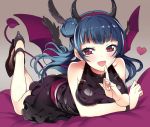  1girl bare_shoulders bed_sheet belt blue_hair blush demon_horns demon_tail demon_wings fangs feathers finger_to_mouth gradient gradient_background hair_bun hair_ornament hairband heart high_heels horns long_hair looking_at_viewer love_live! love_live!_sunshine!! lying on_stomach open_mouth rassie_s sketch skirt smile solo tail tsushima_yoshiko violet_eyes wings wristband 