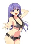  1girl :d aoi_kasumi arm_up bangs bare_arms bikini blush breasts cleavage collarbone commentary_request cowboy_shot eyebrows eyebrows_visible_through_hair frilled_bikini frills front-tie_bikini front-tie_top game_console grey_bikini hand_behind_head highres long_hair looking_at_viewer medium_breasts navel nintendo open_mouth original original_character os-tan outstretched_arm purple_hair ryo_mizuse simple_background smile solo super_famicom super_nintendo swimsuit teeth violet_eyes white_background 