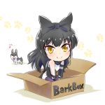  1girl black_hair blake_belladonna bow box cardboard_box chibi dog english hair_bow highres iesupa in_box in_container musical_note pantyhose quaver rwby spoken_musical_note welsh_corgi yellow_eyes zwei_(rwby) 