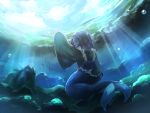  1girl arm_up blue_hair bubble from_behind head_fins highres japanese_clothes kimono long_sleeves mermaid monster_girl obi ribbon sash short_hair solo sunlight touhou umino_(anesthesia) underwater wakasagihime wide_sleeves 