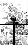  ^_^ bottle bow bowtie capelet closed_eyes comic commentary_request detached_sleeves glasses greyscale hat headdress kantai_collection libeccio_(kantai_collection) littorio_(kantai_collection) long_hair mini_hat monochrome neckerchief open_mouth pince-nez pola_(kantai_collection) roma_(kantai_collection) short_hair sparkle speech_bubble translation_request turret wasu wavy_hair zara_(kantai_collection) 