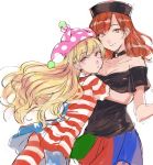  2girls :o aimai-me american_flag american_flag_dress american_flag_legwear bangs bare_shoulders blonde_hair breasts cleavage clownpiece collar collarbone cowboy_shot dress eyebrows eyebrows_visible_through_hair flat_chest from_side hat hecatia_lapislazuli hug jester_cap jpeg_artifacts long_hair looking_at_viewer miniskirt multicolored_skirt multiple_girls o-ring_choker off-shoulder_shirt off_shoulder pantyhose parted_bangs parted_lips pink_eyes polka_dot polos_crown print_legwear red_eyes redhead shirt short_dress short_sleeves simple_background sketch skirt smile t-shirt touhou wavy_hair white_background 