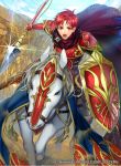  1boy alen armor cape copyright_name fire_emblem fire_emblem:_fuuin_no_tsurugi fire_emblem_cipher horse matsurika_youko official_art open_mouth polearm red_eyes redhead shield solo spear teeth weapon 