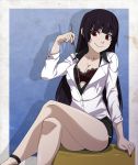  1girl bare_legs black_hair bra breasts cleavage crossed_legs desk highres kanoe_yuuko lace-trimmed_bra long_hair miniskirt nail_polish on_desk pointer purple_bra red_eyes red_nails sitting skirt smile solo spike_wible tasogare_otome_x_amnesia teacher unbuttoned underwear 