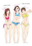  3girls absurdres bikini blush breast_squeeze breasts brown_hair carina_(xiaowoo) cleavage crossed_arms earrings highres jewelry kishi_mieko leaning_forward long_hair multiple_girls navel original short_hair side-tie_bikini smile stretch swimsuit v_arms wavy_hair 