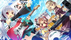  4girls artist_request ass_visible_through_thighs breasts brown_eyes brown_hair clouds cosplay drum drum_set drumsticks dutch_angle electric_guitar guitar hatsune_miku_(cosplay) instrument kanna_kana keyboard_(instrument) kouzuka_michi light_brown_hair long_hair multiple_girls official_art one_eye_closed panties pantyshot parody primal_hearts red_eyes silver_hair sky smile tenjindaira_haruhi underwear violet_eyes vocaloid 