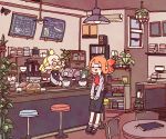  1boy 1girl apron blonde_hair blush book cafe cash_register ceiling_light closed_eyes cup facial_hair inkling mary_janes menu_board mustache myonmyon_(hama_natu) old_man orange_hair shoes smile splatoon table tea teacup tentacle_hair waist_apron 