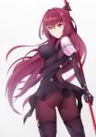  1girl ass bodysuit breasts covered_nipples fate/grand_order fate_(series) gae_bolg highres large_breasts long_hair looking_at_viewer looking_back pauldrons polearm purple_hair red_eyes sano_jinya scathach_(fate/grand_order) solo very_long_hair weapon 