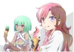  2girls armband breasts brown_eyes brown_hair cleavage dark_skin emerald_sustrai food food_on_face green_hair heterochromia highres ice_cream ice_cream_cone iesupa jewelry midriff multicolored_hair multiple_girls navel necklace neo_(rwby) object_namesake pink_hair red_eyes rwby tongue tongue_out violet_eyes white_hair 