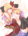  1girl :3 armpits bed_sheet blonde_hair breasts choker cushion elbow_gloves elf from_above gloves hair_intakes long_hair navel pointy_ears putimaxi solo thigh-highs 