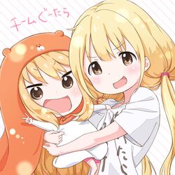  &gt;:d 2girls :d blonde_hair brown_eyes chibi crossover doma_umaru futaba_anzu hamster_costume highres himouto!_umaru-chan idolmaster idolmaster_cinderella_girls komaru long_hair multiple_girls open_mouth shirt shirt_grab smile stuffed_animal stuffed_toy t-shirt trait_connection usako_(ppp_usagi_) you_work_you_lose 