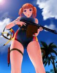  1girl aps_rifle bangs bare_arms blue_sky blue_swimsuit blunt_bangs blush breasts clouds diving_mask from_below gun highres holding holding_gun holding_weapon holster large_breasts legs_apart lens_flare mizuki_(mizuki_ame) one-piece_swimsuit orange_hair original outdoors palm_tree rifle sky solo standing sun surprised sweat swimsuit thigh_holster thigh_strap tree twintails violet_eyes watch watch water weapon 