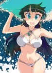  1girl :d aqua_eyes armpits arms_up bikini blue_eyes breasts cleavage earrings green_hair halterneck hand_on_headwear hat jewelry kusanagi_tonbo long_hair looking_at_viewer navel open_mouth original round_teeth smile solo sun_hat swimsuit teeth white_bikini white_swimsuit 