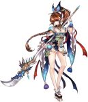  1girl blue_eyes braid breasts brown_hair cleavage feathers flower full_body green_dragon_(phantom_of_the_kill) guan_dao hair_flower hair_ornament long_hair official_art phantom_of_the_kill polearm sandals simple_background solo tattoo very_long_hair weapon white_background 